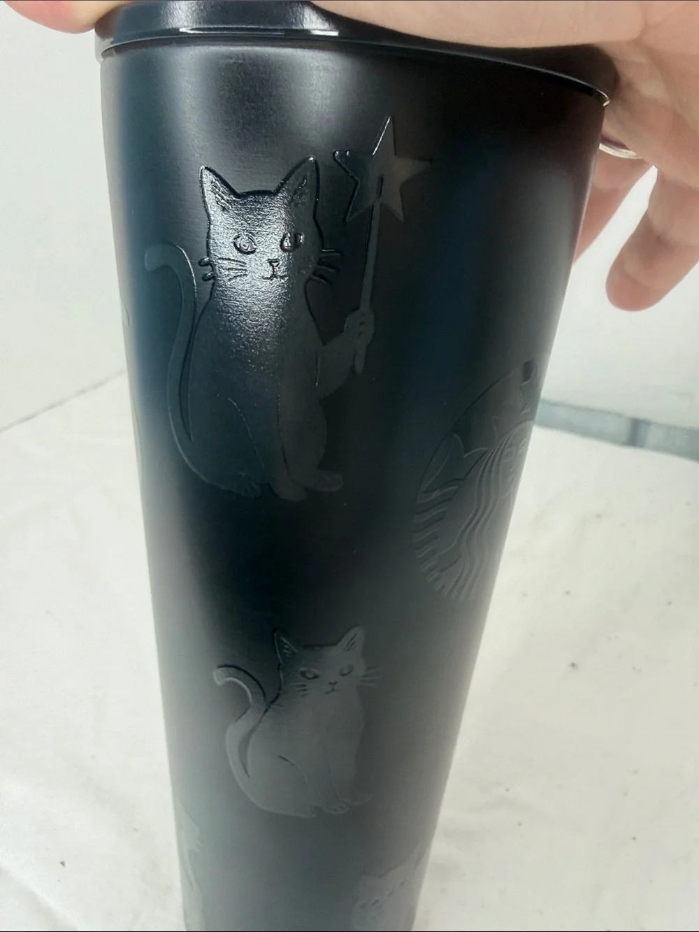 STARBUCKS GLOW IN THE Matte Black CaT Pattern Stainless Steel Tumbler with Straw